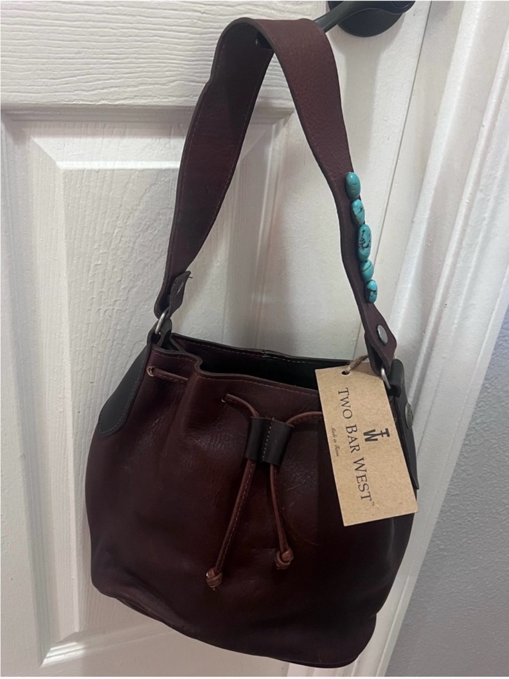 TWO BAR WEST Brown Leather Shoulder Bag with Turquoise Studded Strap NWT
